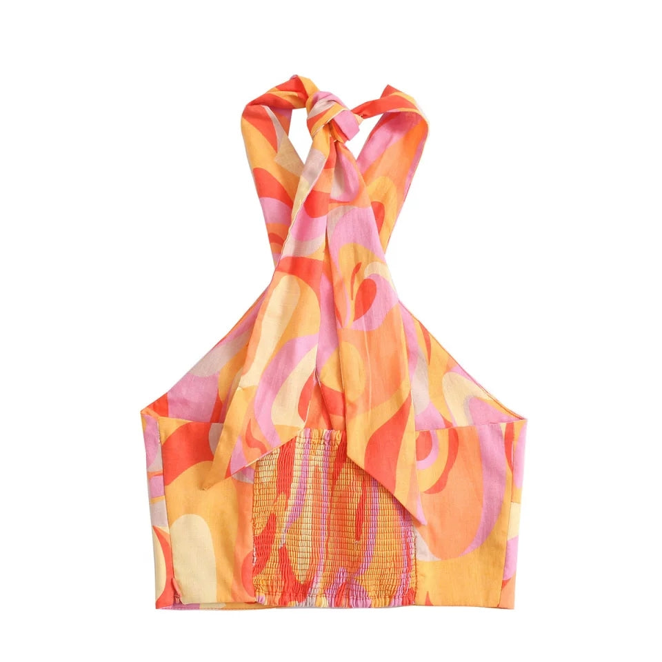 Cute Sexy Orange Vintage Retro Halter Crossover Straps Tank Crop Top Sleeveless Shirt Aesthetic Casual Summer E-Girl Kawaii Korean Japanese Haraju