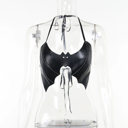 Black PU Leather Bat Crop Top