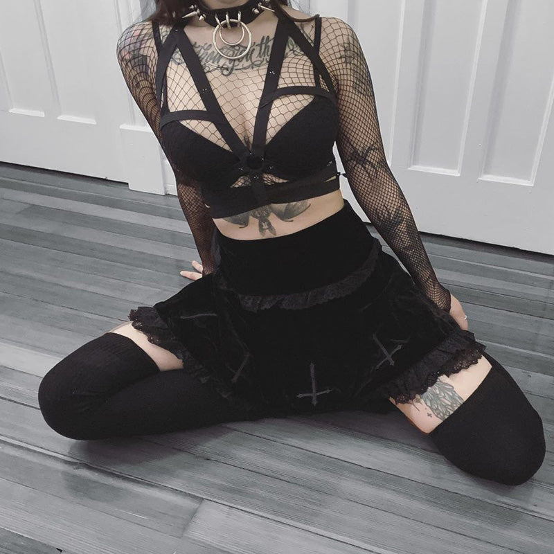 Cute Sexy Goth Black Cross Skirt Vintage Lace Trim A-Line Grunge Punk High Waist Ruffle Summer E-Girl Kawaii Korean Japanese Harajuku Streetwear