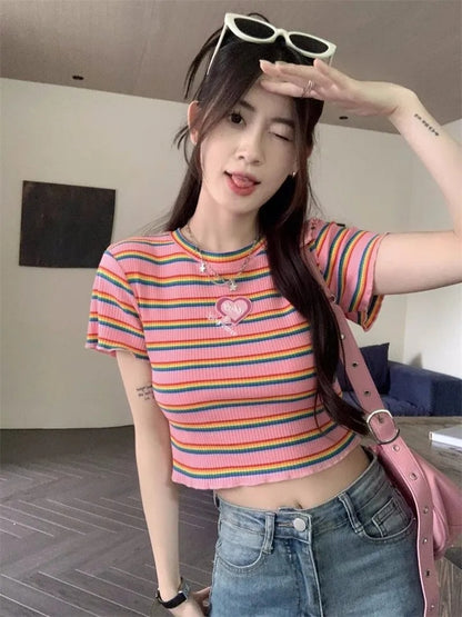 Pink Rainbow Stripe Crop Top