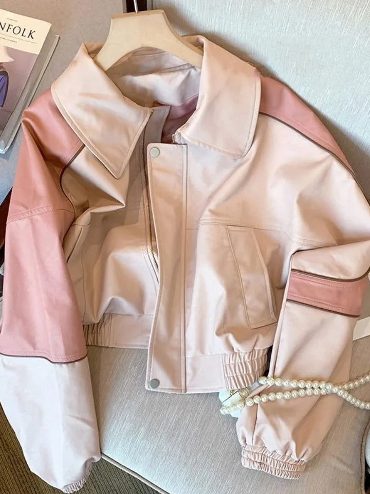 Pink Faux PU Leather Zup Up Cropped Jacket
