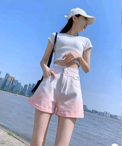 Pink Ombre High Waist Button Shorts