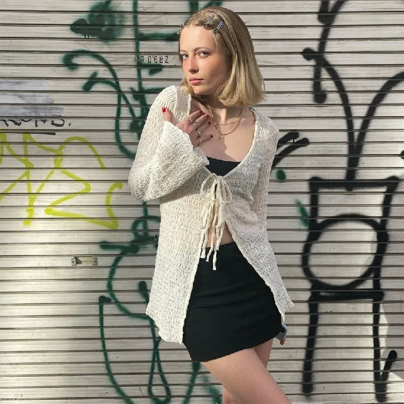 White Lace Up Long Sleeve Flare Cardigan
