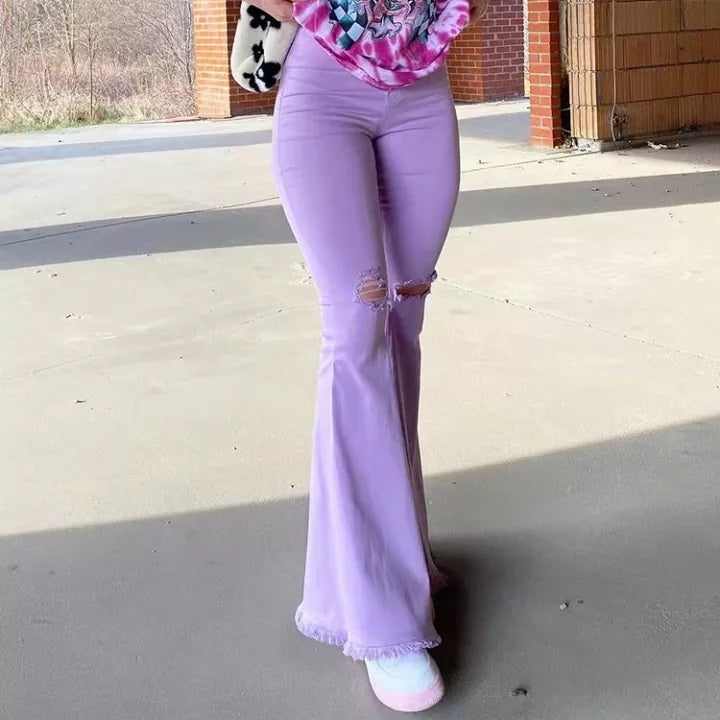 Cute Purple Flare Jeans High Waist Baggy Wide Leg Pants Ripped Trouser Summer Aesthetic Casual E-Girl Kawaii Korean Japanese Harajuku