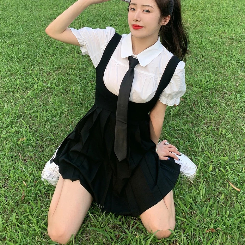 Cute Preppy Puff Sleeve Shirt Pleated Dress Set Student Aesthetic Casual E-Girl Kawaii Korean Japanese Harajuku