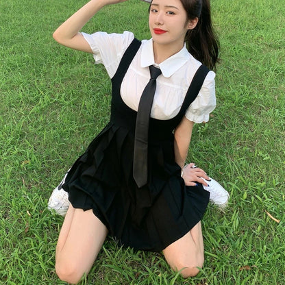 Cute Preppy Puff Sleeve Shirt Pleated Dress Set Student Aesthetic Casual E-Girl Kawaii Korean Japanese Harajuku