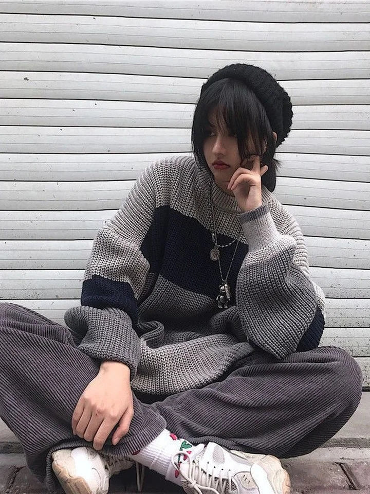 Grey Stripe Patchwork Sweater