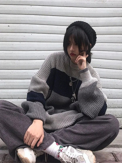 Grey Stripe Patchwork Sweater