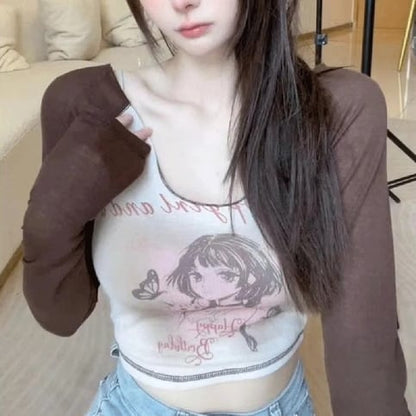Anime Print Square Neck Long Sleeve Shirt