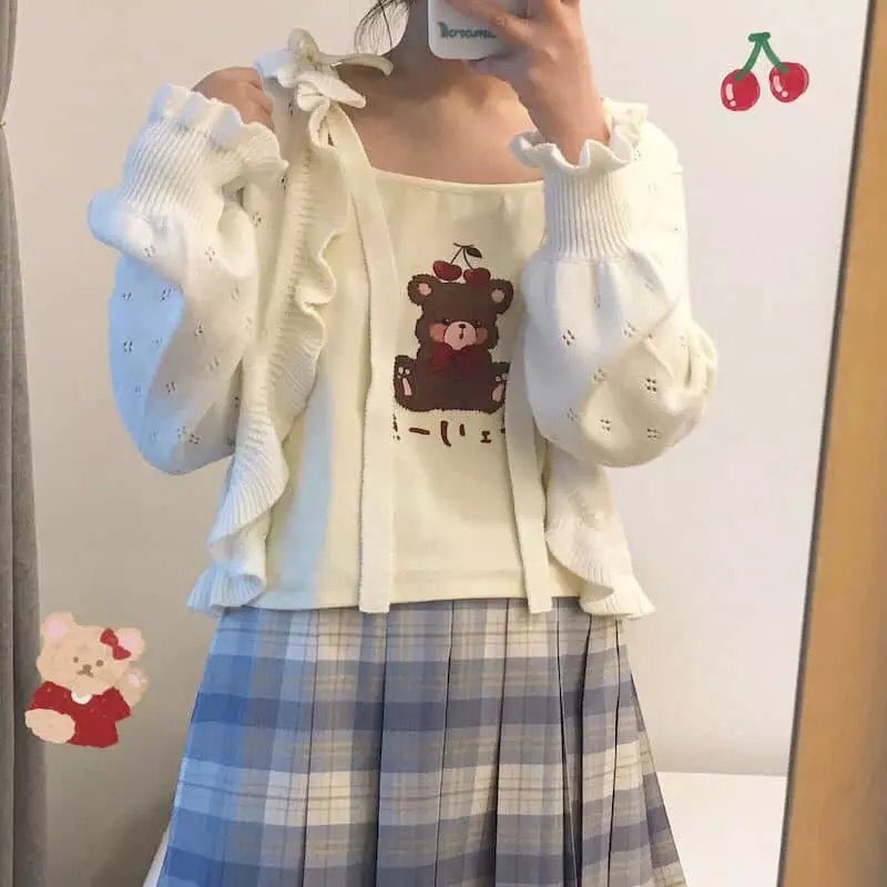 Cute Brown Bear Cherry Graphic Cartoon Print Camisole Spaghetti Strap Shirt Aesthetic Casual Summer E-Girl Kawaii Korean Japanese Harajuku
