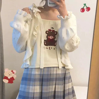 Cute Brown Bear Cherry Graphic Cartoon Print Camisole Spaghetti Strap Shirt Aesthetic Casual Summer E-Girl Kawaii Korean Japanese Harajuku