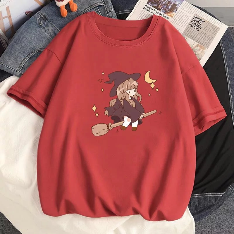 Cute Witch Anime Girl Cresent Moon Print Oversized Short Sleeve Shirt Summer Aesthetic Casual E-Girl Kawaii Korean Japanese Harajuku