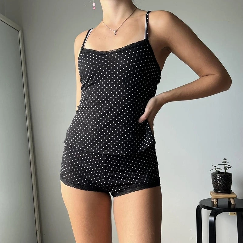 2PCS Polka Dot Lace Tank Top + Shorts