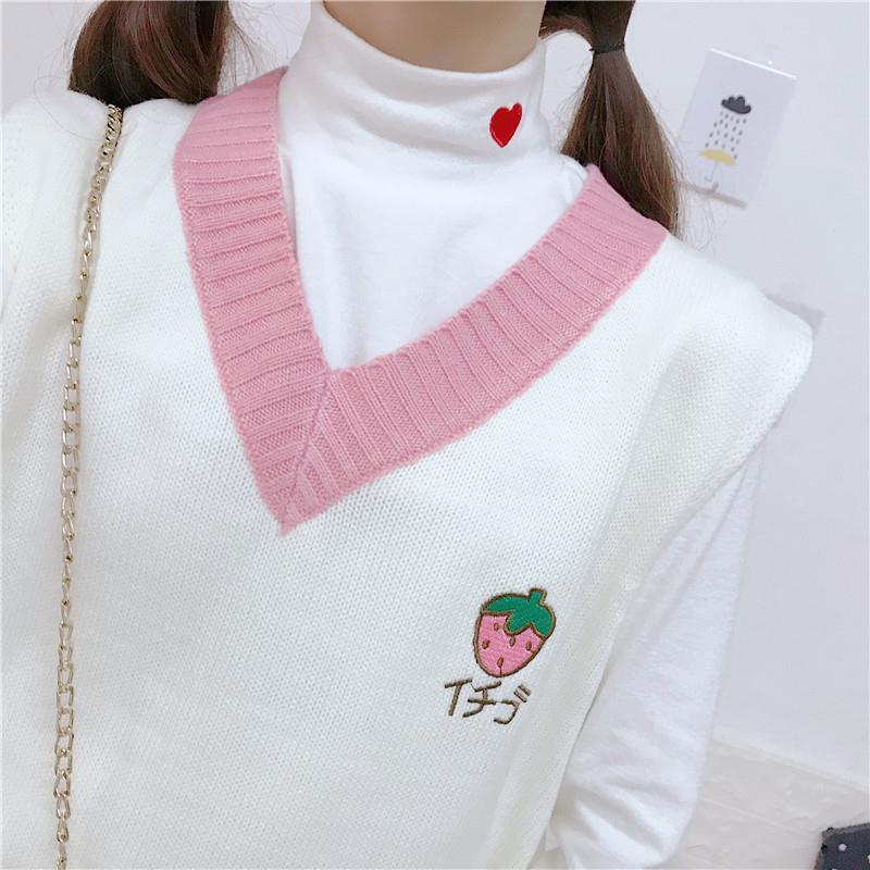 Cute Strawberry Peach Embroidery Knit Vest Sweater Sweatshirt Pullover Long Sleeve Shirt Casual E-Girl Kawaii Korean Japanese Harajuku Streetwear