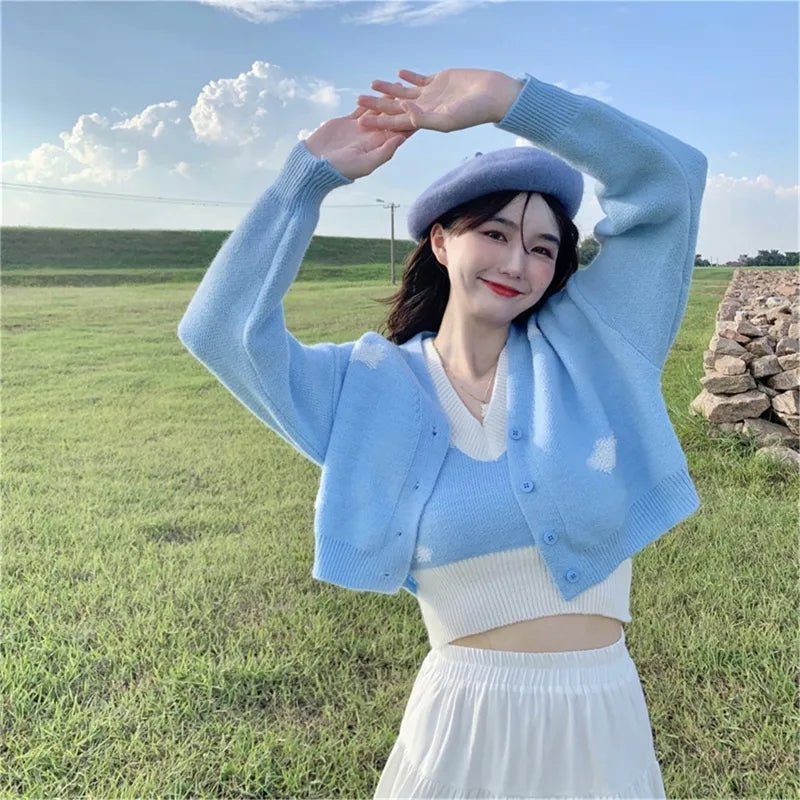 2PCS Blue Sky Cloud Vest + Knit Cardigan