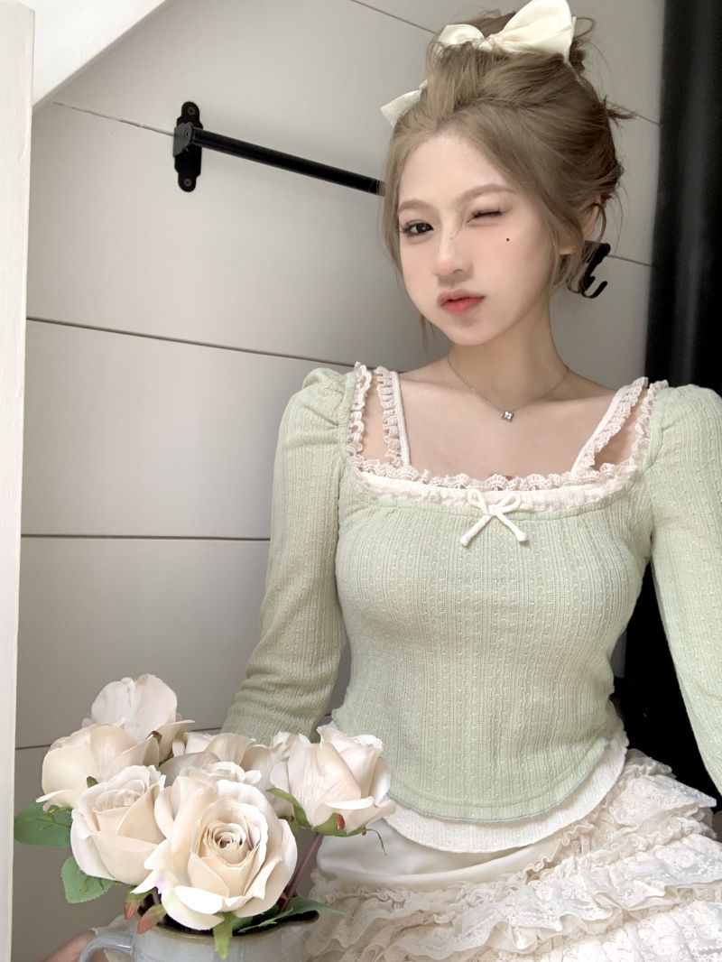 Green Lace Bow Long Sleeve Shirt