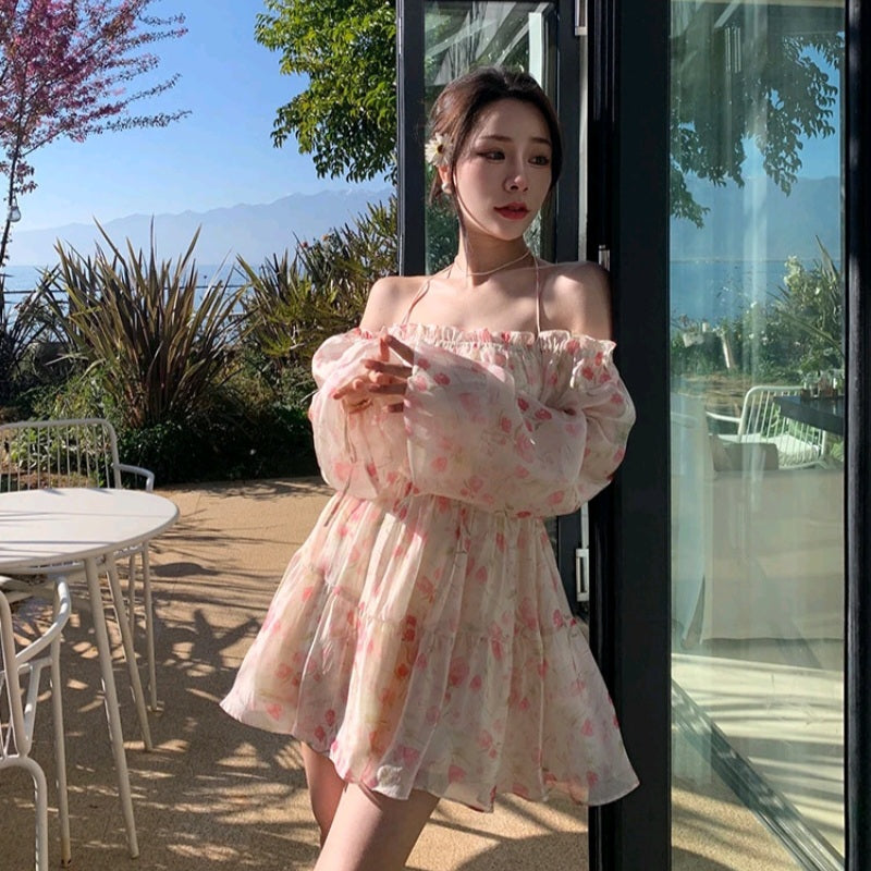 Rose Watercolor Off Shoulder Puff Sleeve Dress