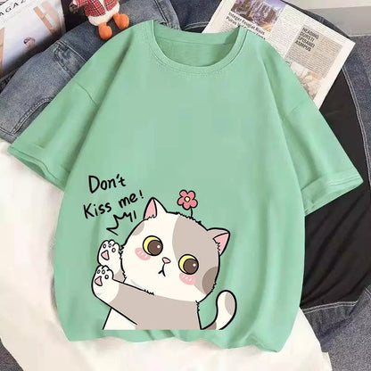 Cute Cat Kitten Don't Kiss Me Graphic Cartoon Print Loose Short Sleeve T-shirt Aesthetic Casual Summer E-Girl Kawaii Korean Japanese Harajuku
