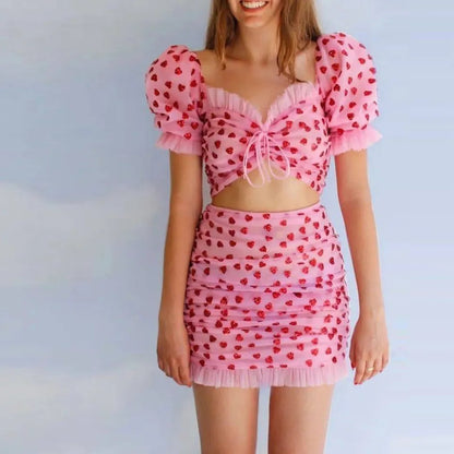2PCS Sweet Pink Glitter Heart Crop Top + Mini Skirt