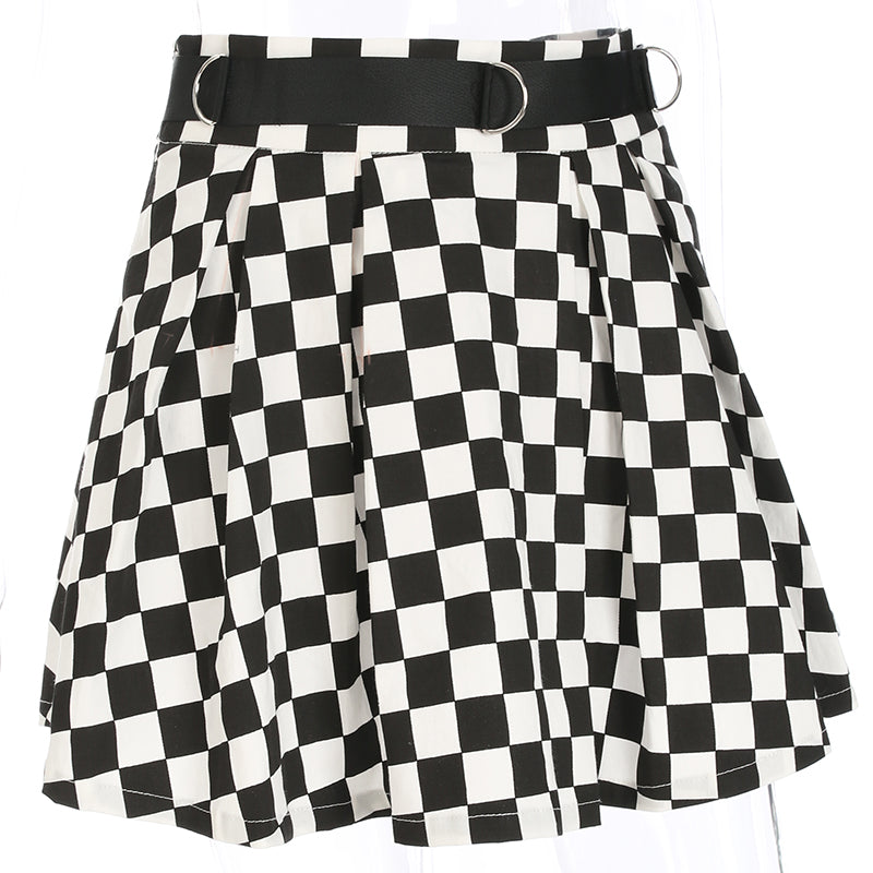 Cute Sexy Checkered Pleated Black White Sash High Waisted Skater Skirt E-Girl Kawaii Korean Japanese Harajuku Streetwear