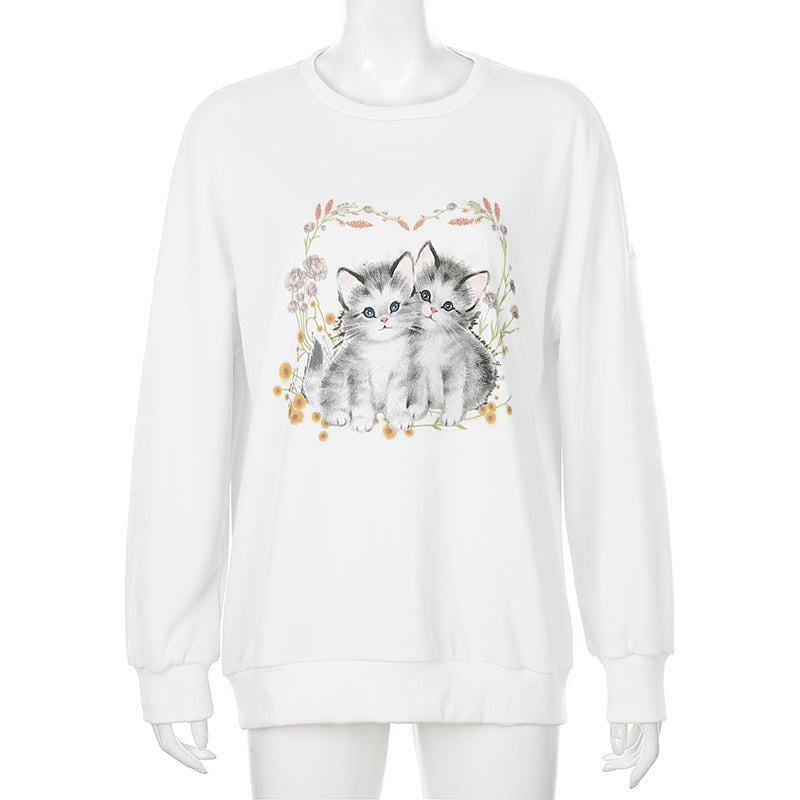 Kitten Cat Cartoon Print Sweatshirt Causal Long Sleeve Shirt Crew Neck Oversize Loose Sweater E-Girl Kawaii Korean Japanese Harajuku Streetwear