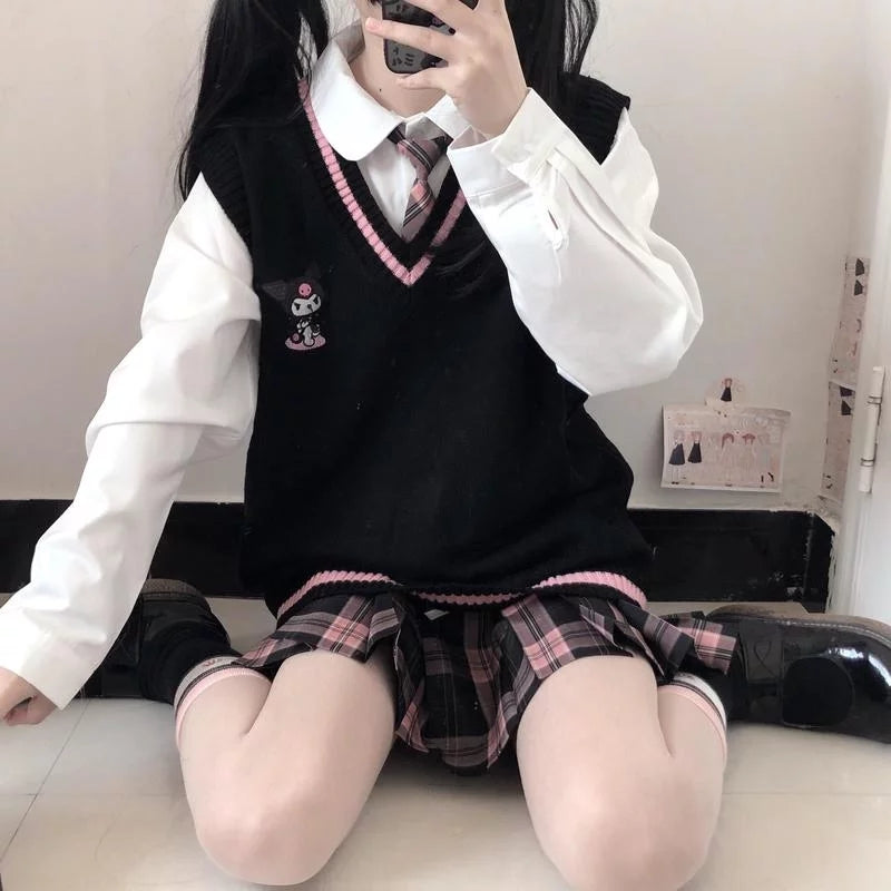 Cute Anime Cartoon Print Knit Vest Sweater Crop Top V Neck Sleeveless Shirt Aesthetic Casual Summer E-Girl Kawaii Korean Japanese Harajuku
