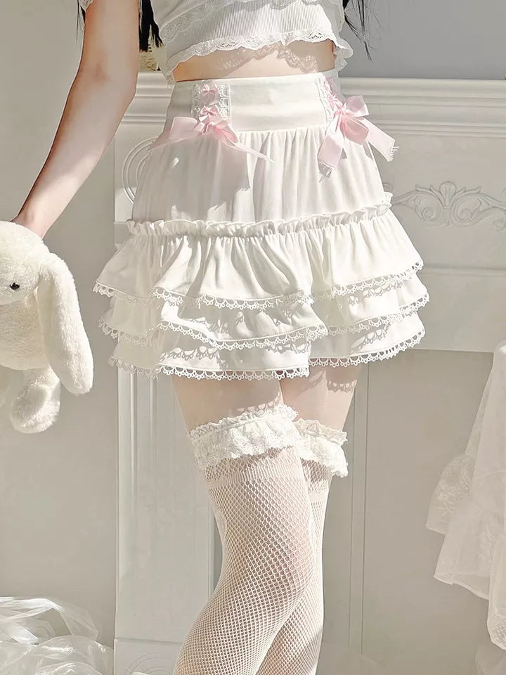 White Ruffle A-Line Bow Mini Skirt