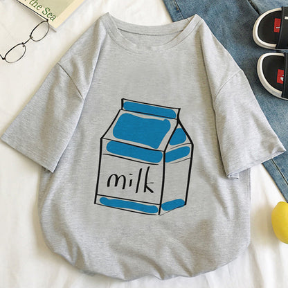 Cute Aesthetic Milk Carton Box Graphic Cartoon Print Loose Short Sleeve Short T-shirt Top Casual E-Girl Kawaii Korean Japanese Harajuku Streetwear
