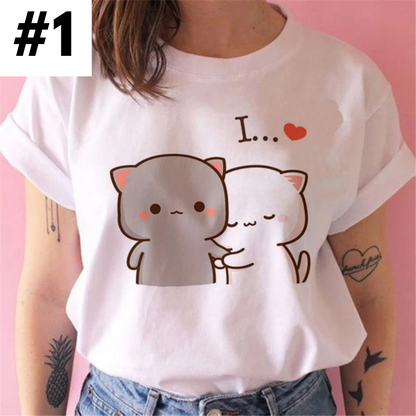 Cute White Cat Kitten Cartoon Print Loose Short Sleeve Shirt Aesthetic Casual E-Girl Kawaii Korean Japanese Harajuku