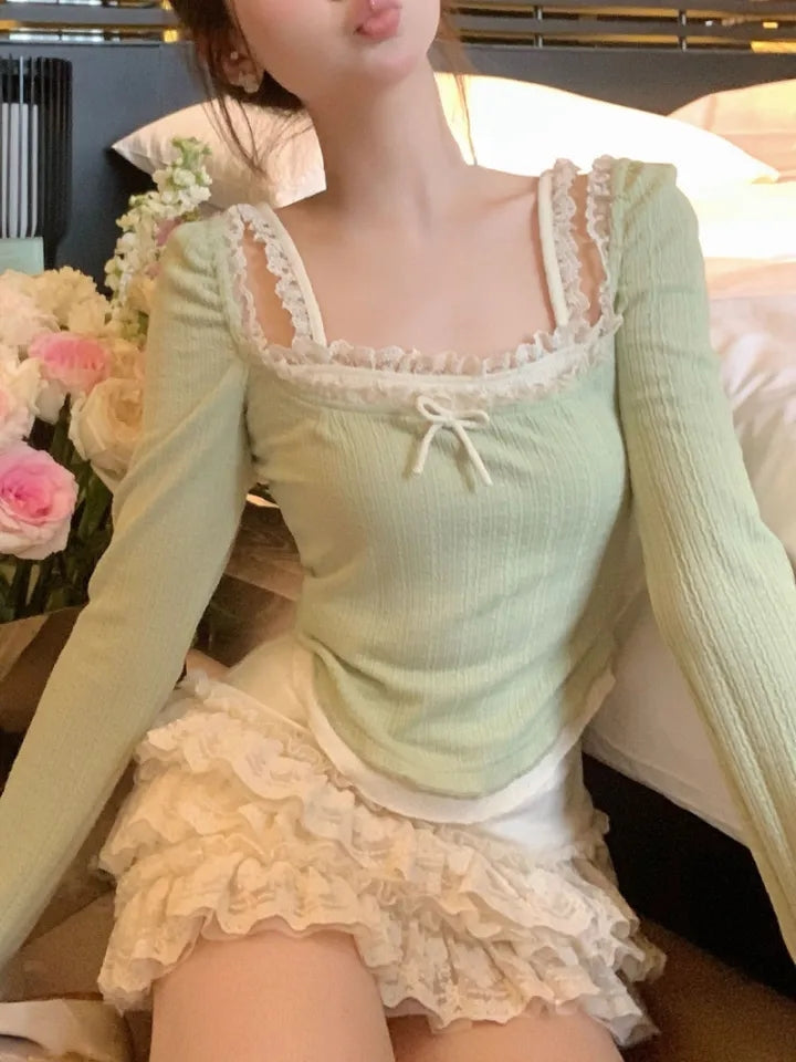 Green Lace Bow Long Sleeve Shirt