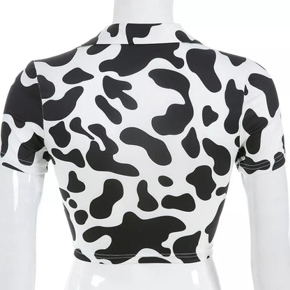 Cute Cow Print V Neck Short Sleeve Shirt Crop Top Summer Aesthetic Casual E-Girl Kawaii Korean Japanese Harajuku