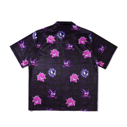 Funny Anime Genger Graphic Cartoon Print Loose Button Down Short Sleeve Short T-shirt Top Causal E-Girl Kawaii Korean Japanese Harajuku Streetwear