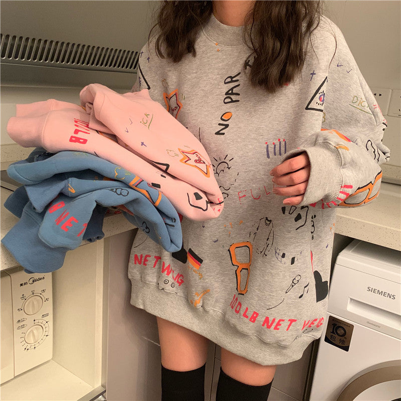 Cute Pastel Print Oversized Sweater Hoodie Pullover Korean Japanese Harajuku Chinese Retro Streetwear Aesthetic Fashion