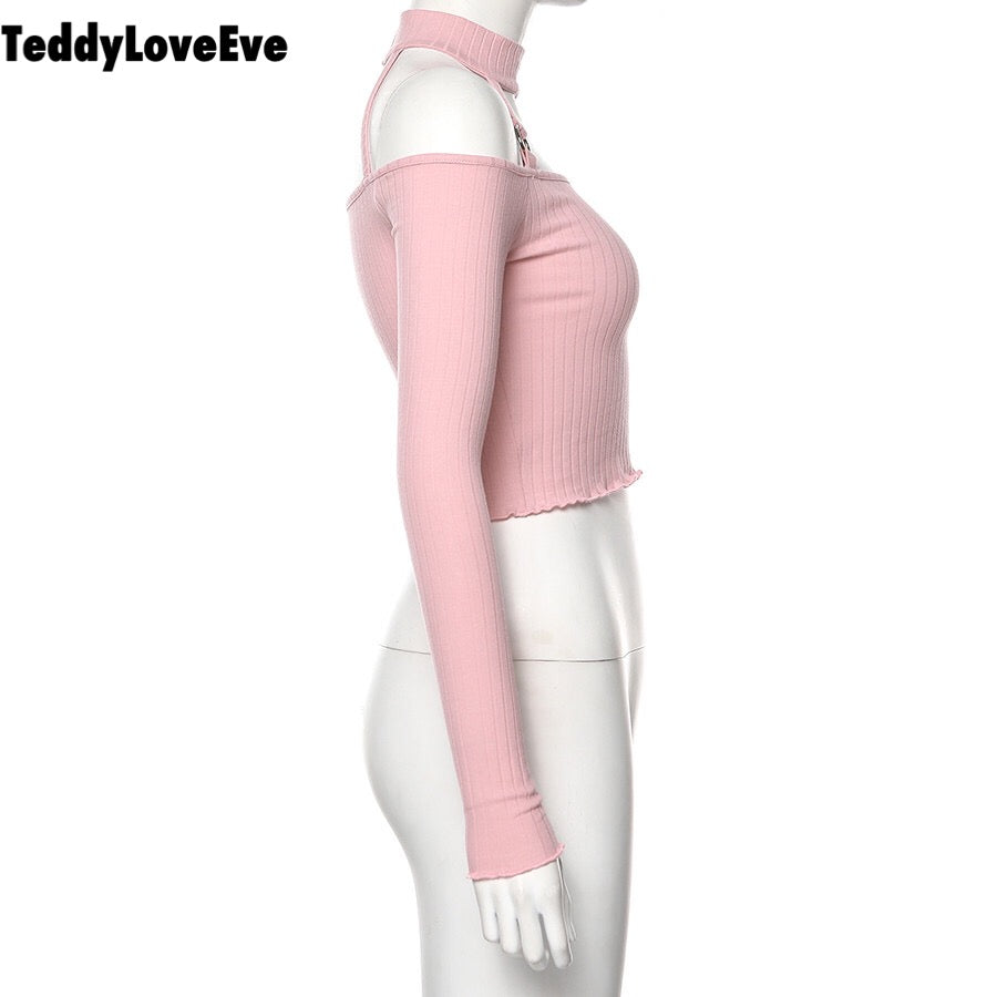 Cute Pink Strapless Ruffle Crop Top Causal Slim Long Sleeve Shirt T-shirt Top Tee E-Girl Kawaii Korean Japanese Harajuku Streetwear