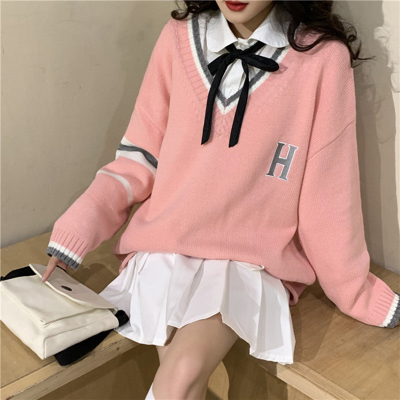 Cute Vintage Preppy V Neck Oversized Sweater Long Sleeve Shirt Pullover Hoodie Sweatshirt E-Girl Kawaii Korean Japanese Harajuku Retro Streetwear