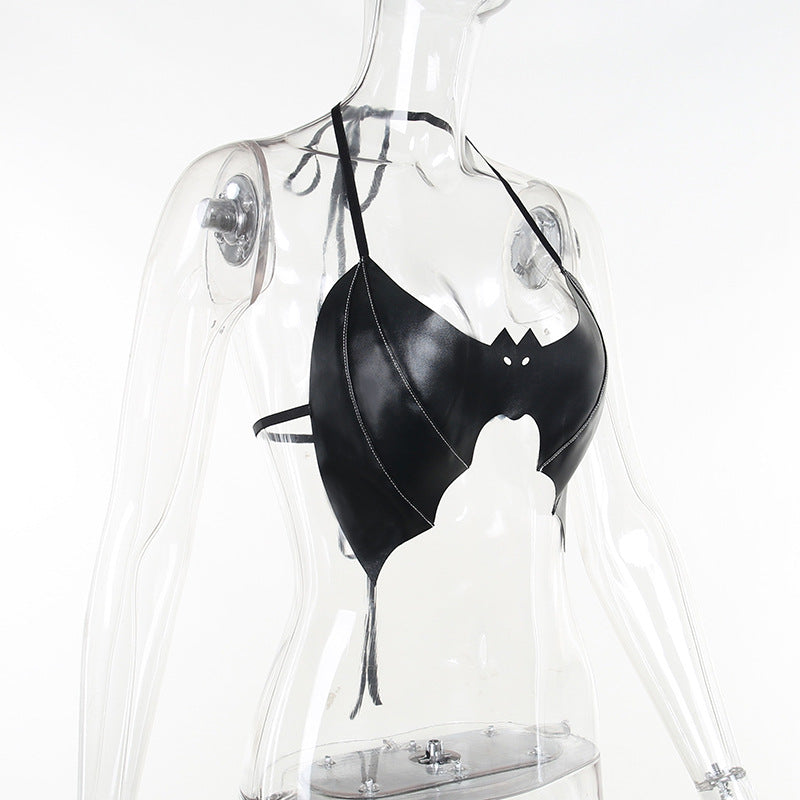 Black PU Leather Bat Crop Top