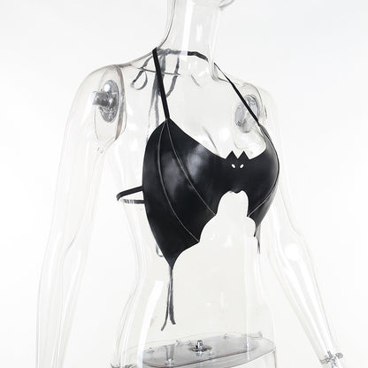 Black PU Leather Bat Crop Top