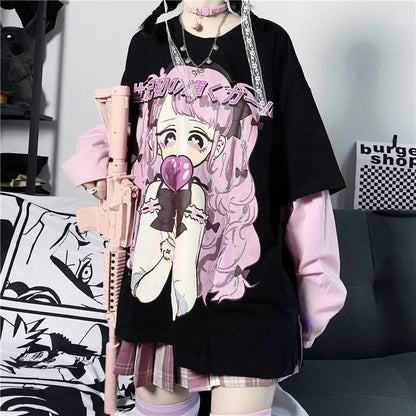 Cute Aesthetic Black Anime Girl Cartoon Print Short Sleeve Shirt Oversized Loose T-shirt Top Goth E-Girl Kawaii Korean Japanese Harajuku Streetwear