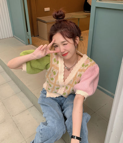 Pastel Flower Patchwork Knit Puff Sleeve Blouse