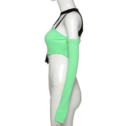 Green & Black Patchwork Hollow Out Long Sleeve Shirt