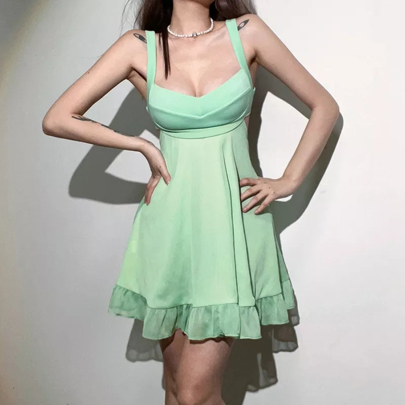 Green Backless Ruffle Dress Aesthetic Casual E-Girl Kawaii Korean Japanese Harajuku