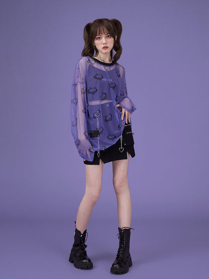 Transparent Mesh Heart Long Sleeve Shirt