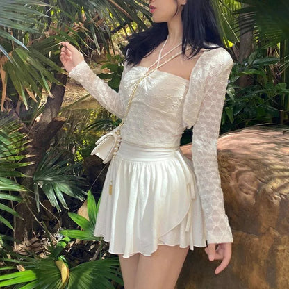White Ruffle Drawstring High Waist Mini Skirt Fairycore Aesthetic Casual E-Girl Kawaii Korean Japanese Harajuku