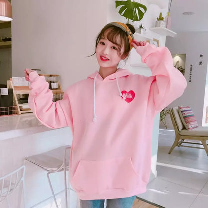 Cute Pastel Pink Peach Cartoon Print Long Sleeve Hoodie Pullover Sweater Sweatshirt Autumn Winter E-Girl Kawaii Korean Japanese Harajuku Streetwear