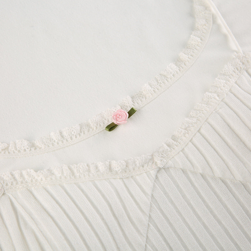 White Lace Trim Square Collar Long Sleeve Shirt