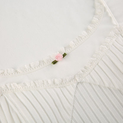 White Lace Trim Square Collar Long Sleeve Shirt