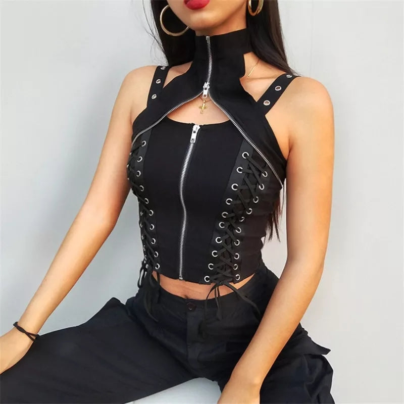 Cute Black Zipper Choker Halter Sleeveless Bandage Tank Crop Top Punk Goth Summer Aesthetic Club E-Girl Kawaii Korean Japanese Harajuku