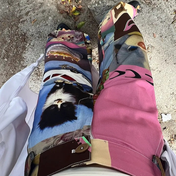 Cat Contrast Patchwork Wide Leg Trousers