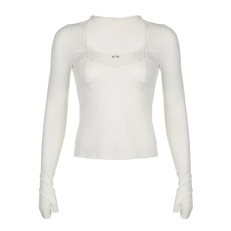 White Lace Trim Square Collar Long Sleeve Shirt