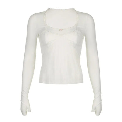 White Lace Trim Square Collar Long Sleeve Shirt